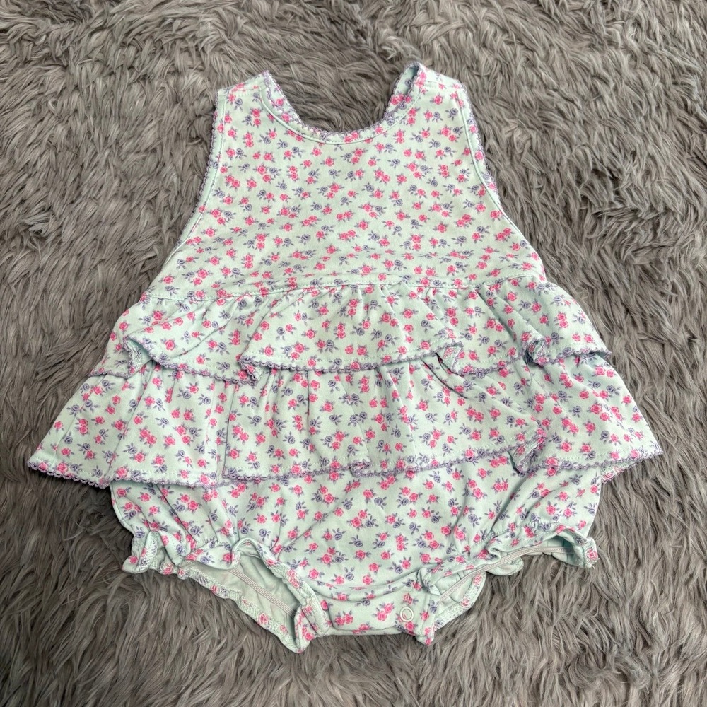 Kissy Kissy Twirl Ruffle Bubble Onesie Light Blue Pink Floral Baby 9 Months